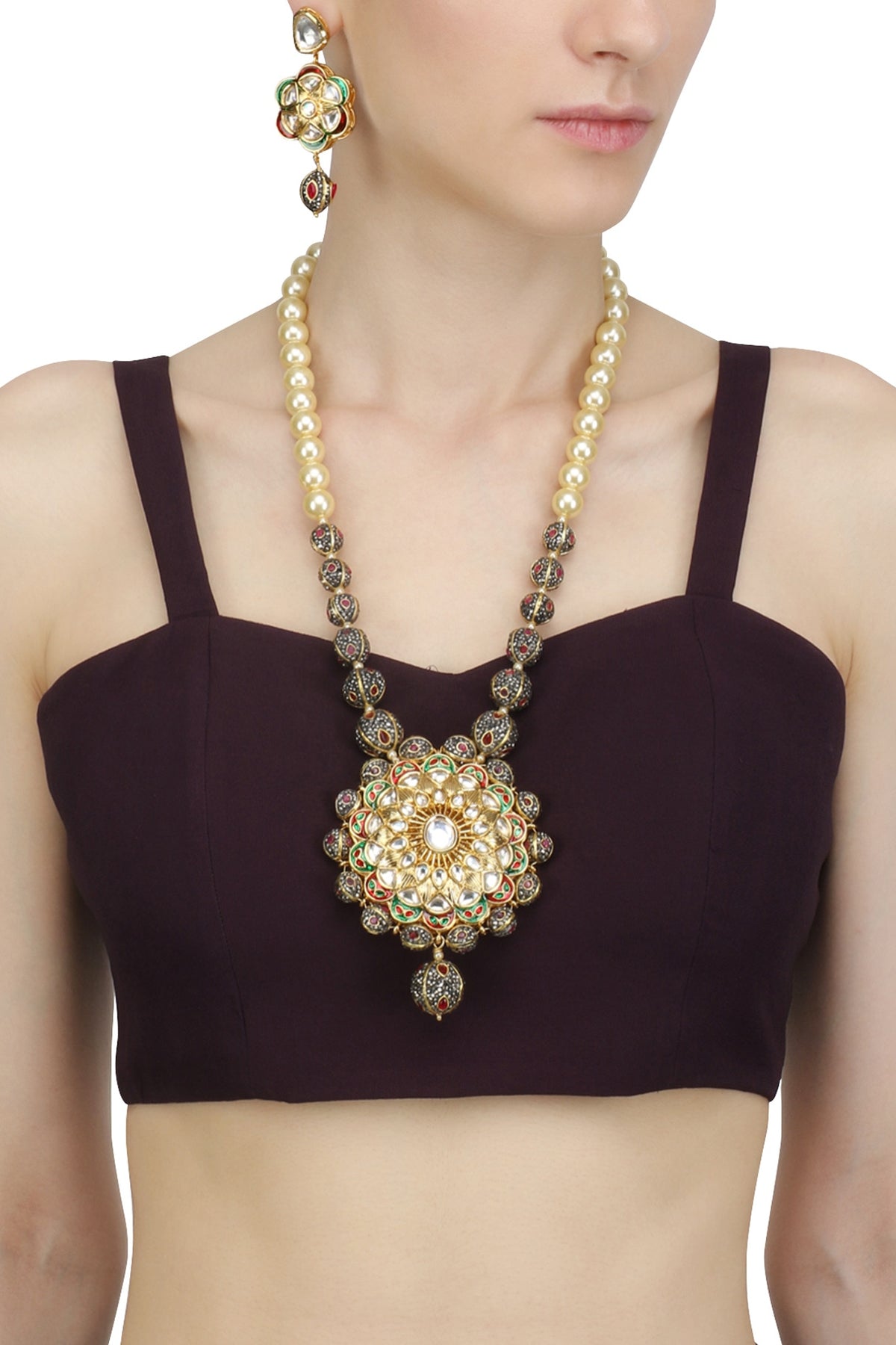Gold Finish Pearl and Zirconia Stone Necklace Set