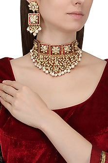 Gold Finish Enamel Detail Choker Necklace Set