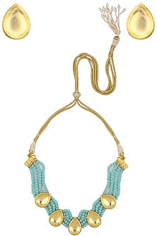 Gold Finish Stone and Blue Beads Multiple Strings Necklace Set