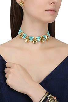 Gold Finish Stone and Blue Beads Multiple Strings Necklace Set
