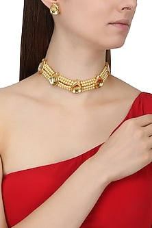 Gold Finish Stone and Pearl Multiple Strings Necklace Set