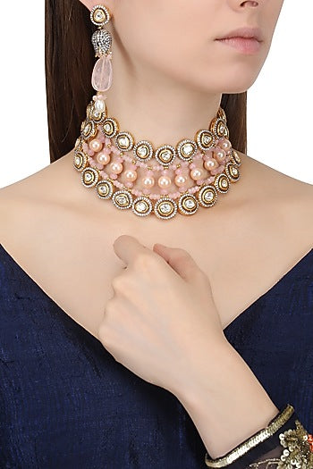 Gold Finish Zircons and Pearl Necklace Set