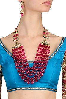 Ruby, Emerald and Kundan Stone Multiple String Long Necklace Set