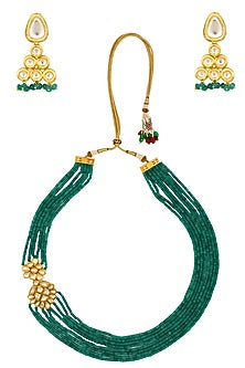 Emerald and Kundan Stone Flower Multiple String Long Necklace Set