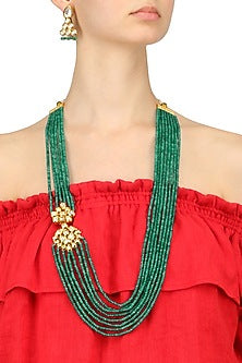 Emerald and Kundan Stone Flower Multiple String Long Necklace Set