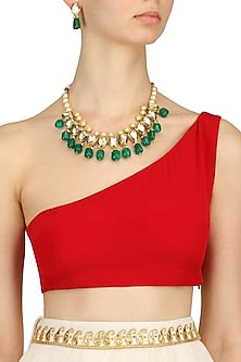 Gold Finish Kundan, Pearl and Emerald Stone Necklace Set