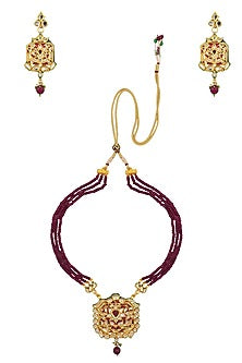 Gold Finish Kundan and Ruby Stone Three String Long Necklace Set