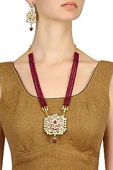 Gold Finish Kundan and Ruby Stone Three String Long Necklace Set
