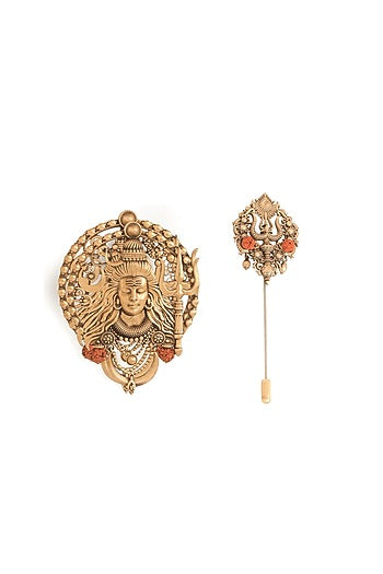 Antique Gold Brass Brooch & Lapel Pin Set