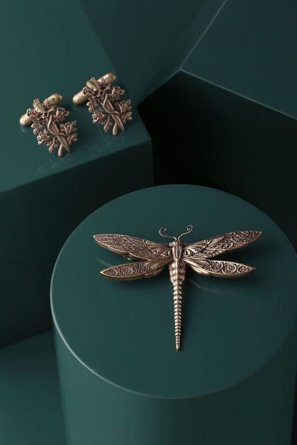 Oxidised Antique Gold Brass Brooch With Cufflinks