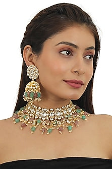 Gold Plated Pastel Pink Beaded Necklace Set