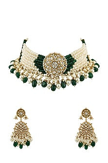 Gold Finish Choker Necklace Set With Beads
