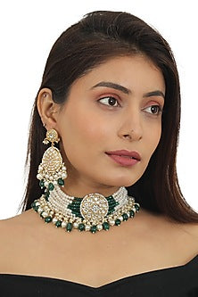 Gold Finish Choker Necklace Set With Beads