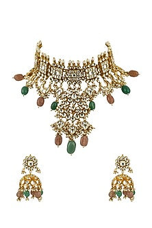 Gold Finish Sea Green Beaded Necklace Set