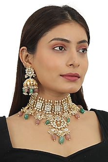 Gold Finish Sea Green Beaded Necklace Set