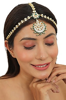 Gold Finish Emerald Beaded Matha Patti