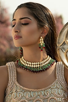 Gold Finish Kundan Polki Handcrafted Necklace Set