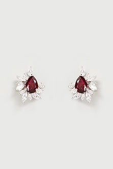 White Finish White & Red Swarovski Zirconia Earclips In Sterling Silver