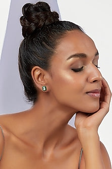 White Finish Green Swarovski Zirconia Stud Earrings In 92.5 Sterling Silver