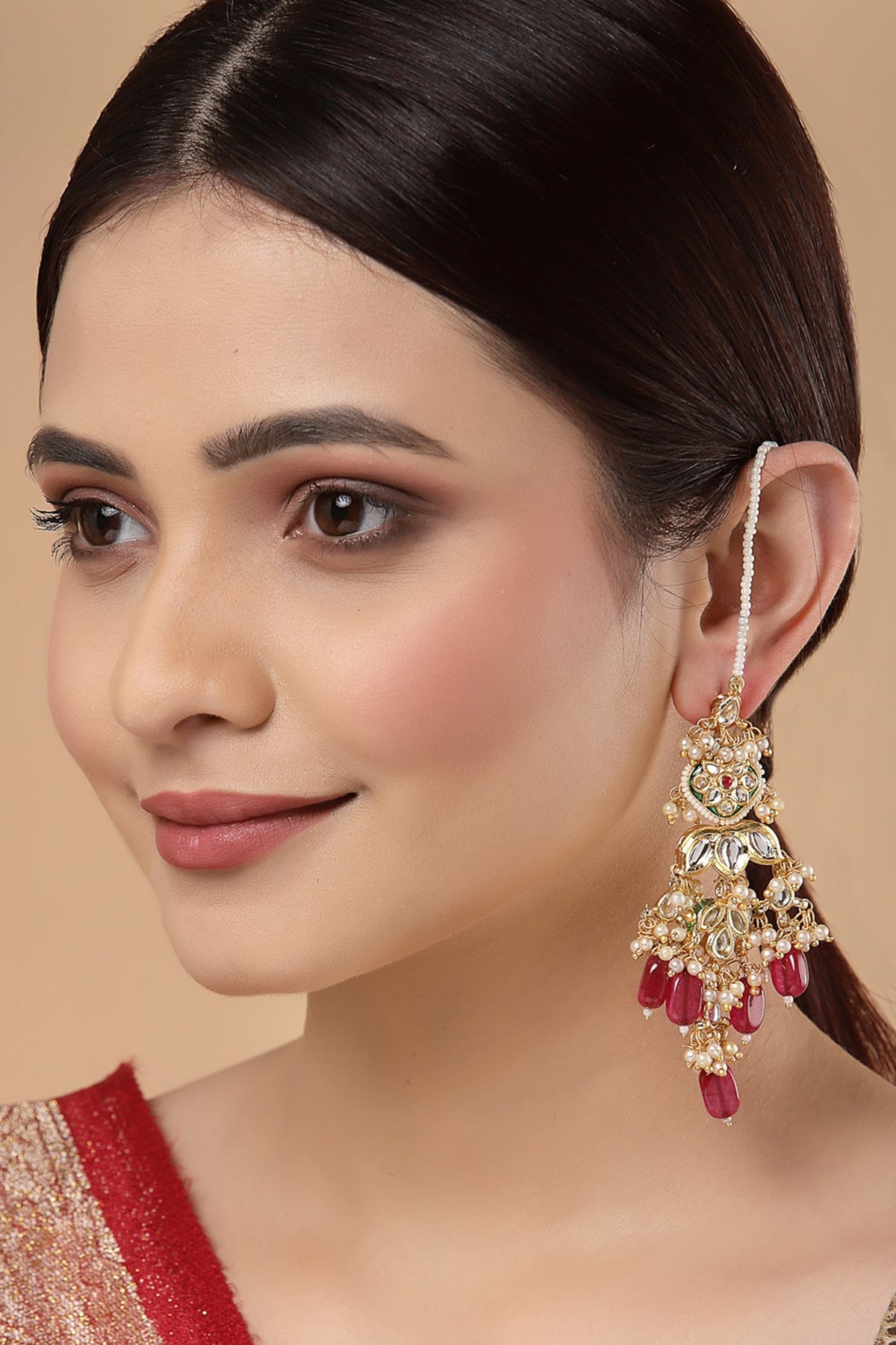 Kundan Dangler Earrings With Ear Chain 