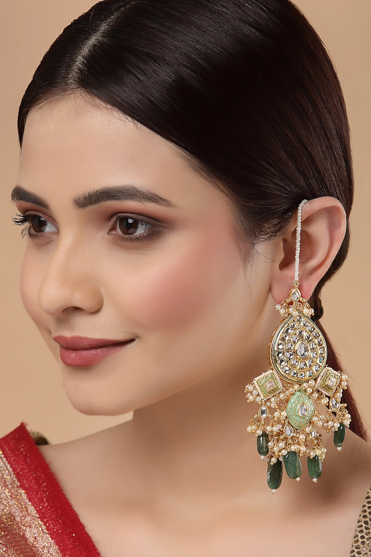 Kundan Dangler Earrings With Ear Chain 