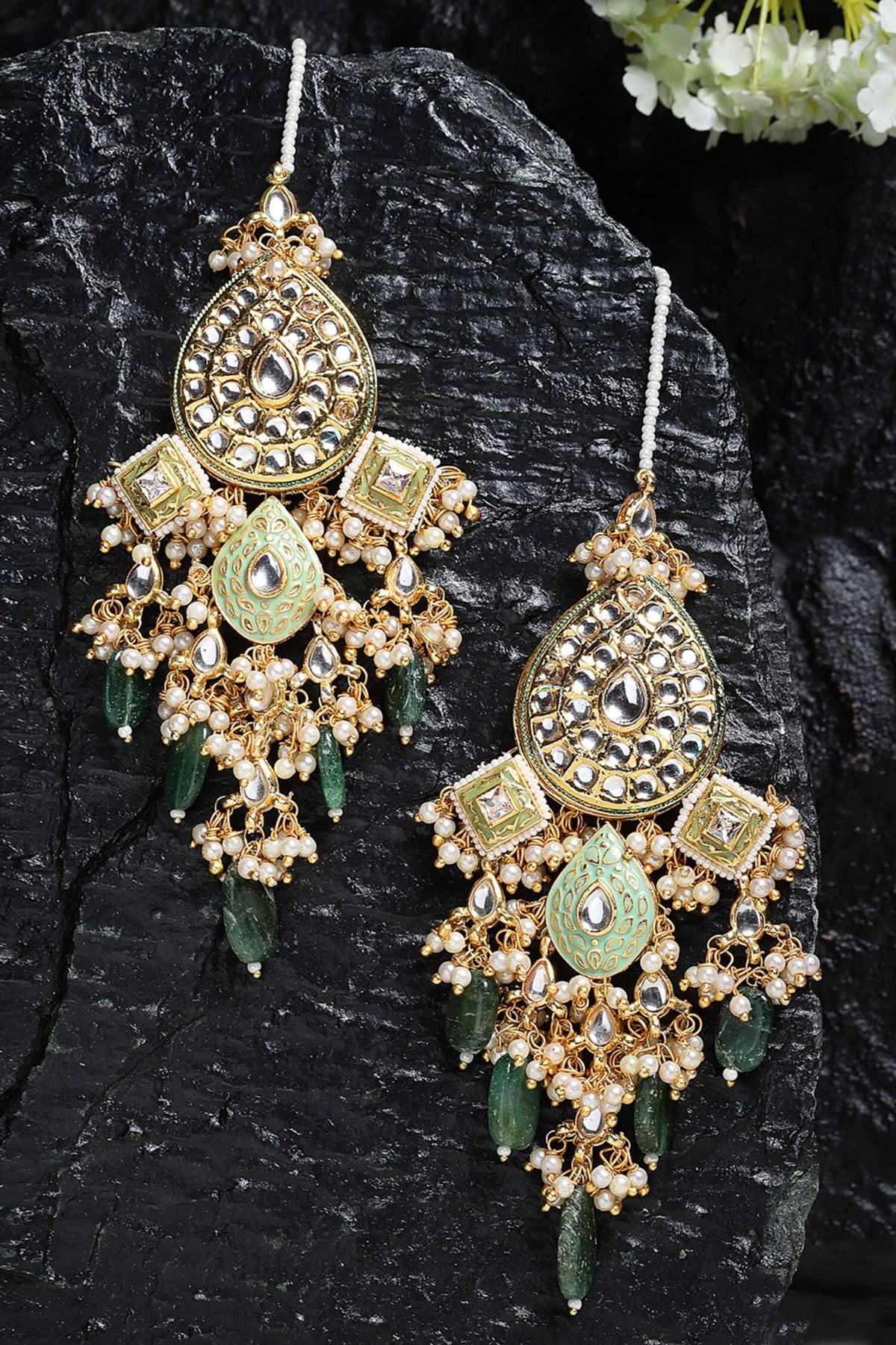 Kundan Dangler Earrings With Ear Chain 