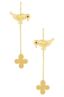 Gold Finish Parakeet and Floral Motif Earrings