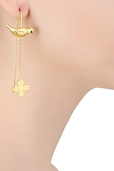 Gold Finish Parakeet and Floral Motif Earrings