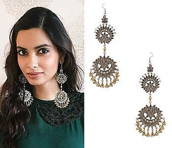 Silver Plated Double Cutwork Crescent Gold Ghungroos Earrings