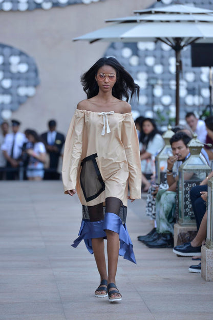 Beige, black and blue oversizeD drawstring dress