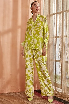 Spring Green Pearl Chiffon Asymmetrical Co-Ord Set