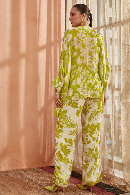 Spring Green Pearl Chiffon Asymmetrical Co-Ord Set