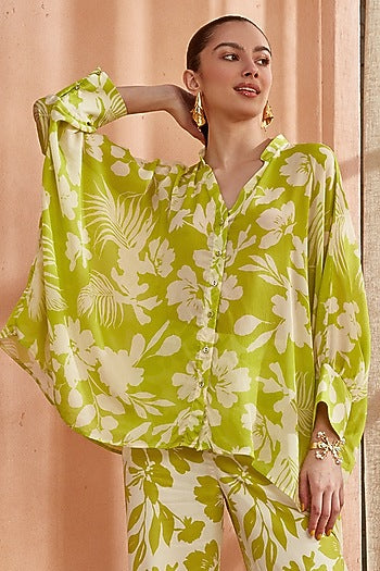 Spring Green Pearl Chiffon Asymmetrical Co-Ord Set
