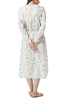 White Digital Printed Dress With Drawstrings