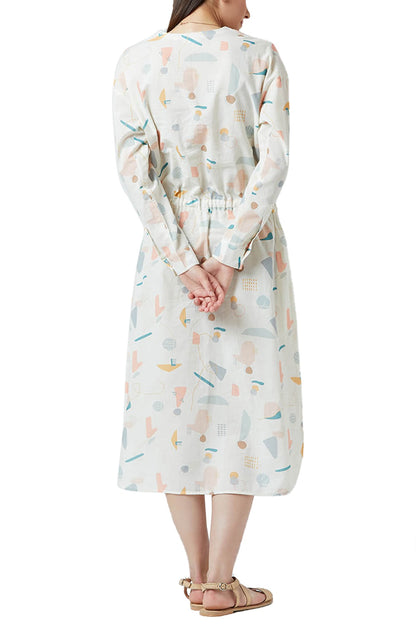 White Digital Printed Dress With Drawstrings
