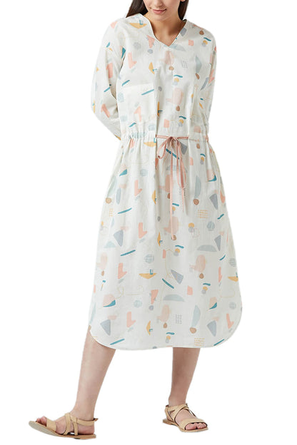 White Digital Printed Dress With Drawstrings