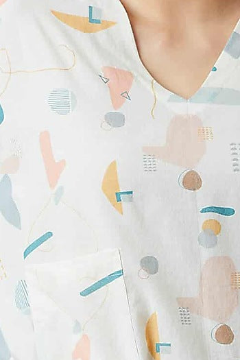 White Digital Printed Dress With Drawstrings