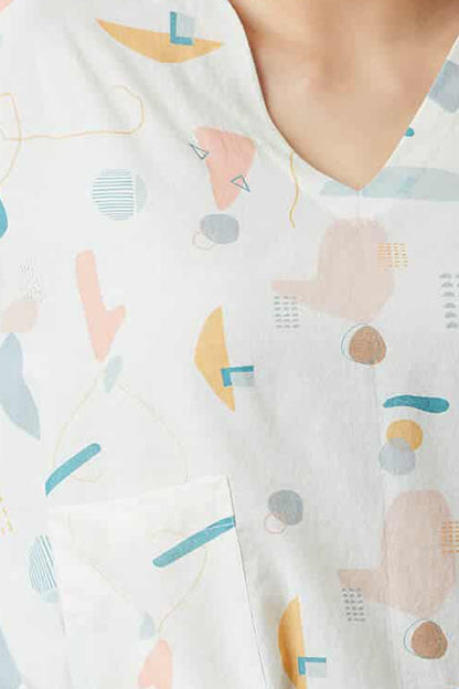 White Digital Printed Dress With Drawstrings