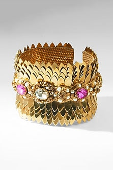 Gold Glass Beaded & Crystal Woven Bracelet