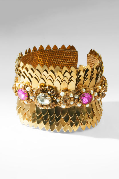 Gold Glass Beaded & Crystal Woven Bracelet