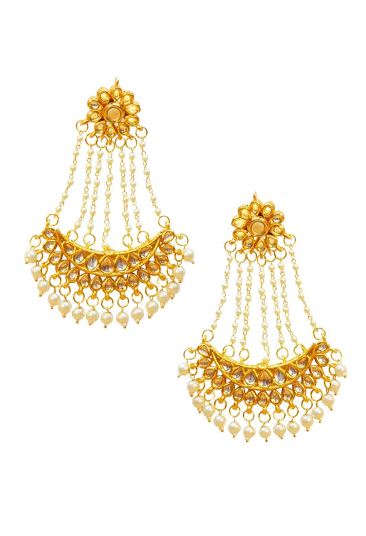 Gold plated kundan & pearl chand earrings 