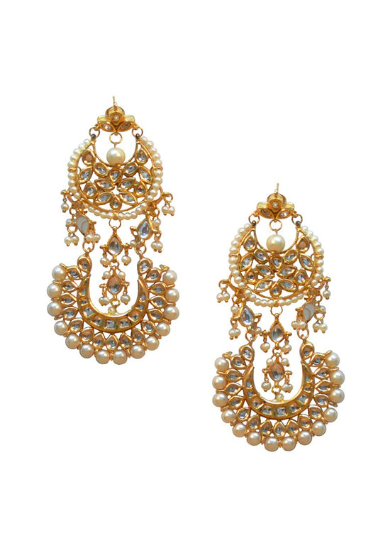 Gold plated double chand pearl & kundan earrings 