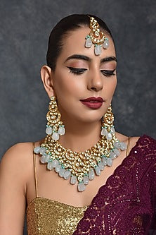 Gold Finish Bridal Necklace Set With Kundan Polki