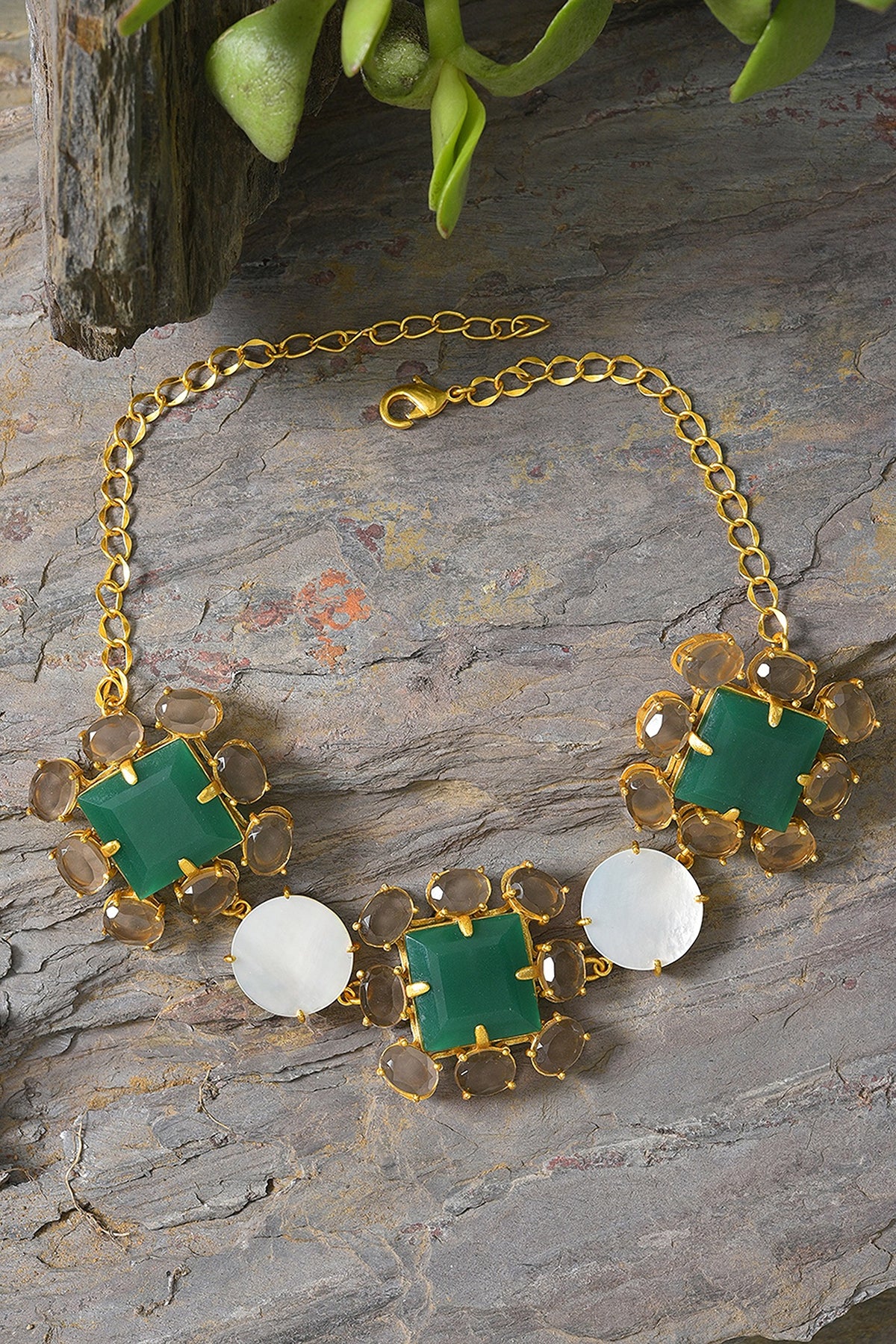Gold Finish Green Onyx Choker Necklace