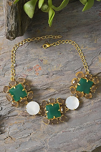Gold Finish Green Onyx Choker Necklace