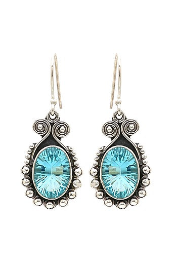 Oxidised Finish Blue Topaz Dangler Earrings In Sterling Silver