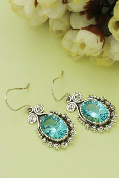 Oxidised Finish Blue Topaz Dangler Earrings In Sterling Silver