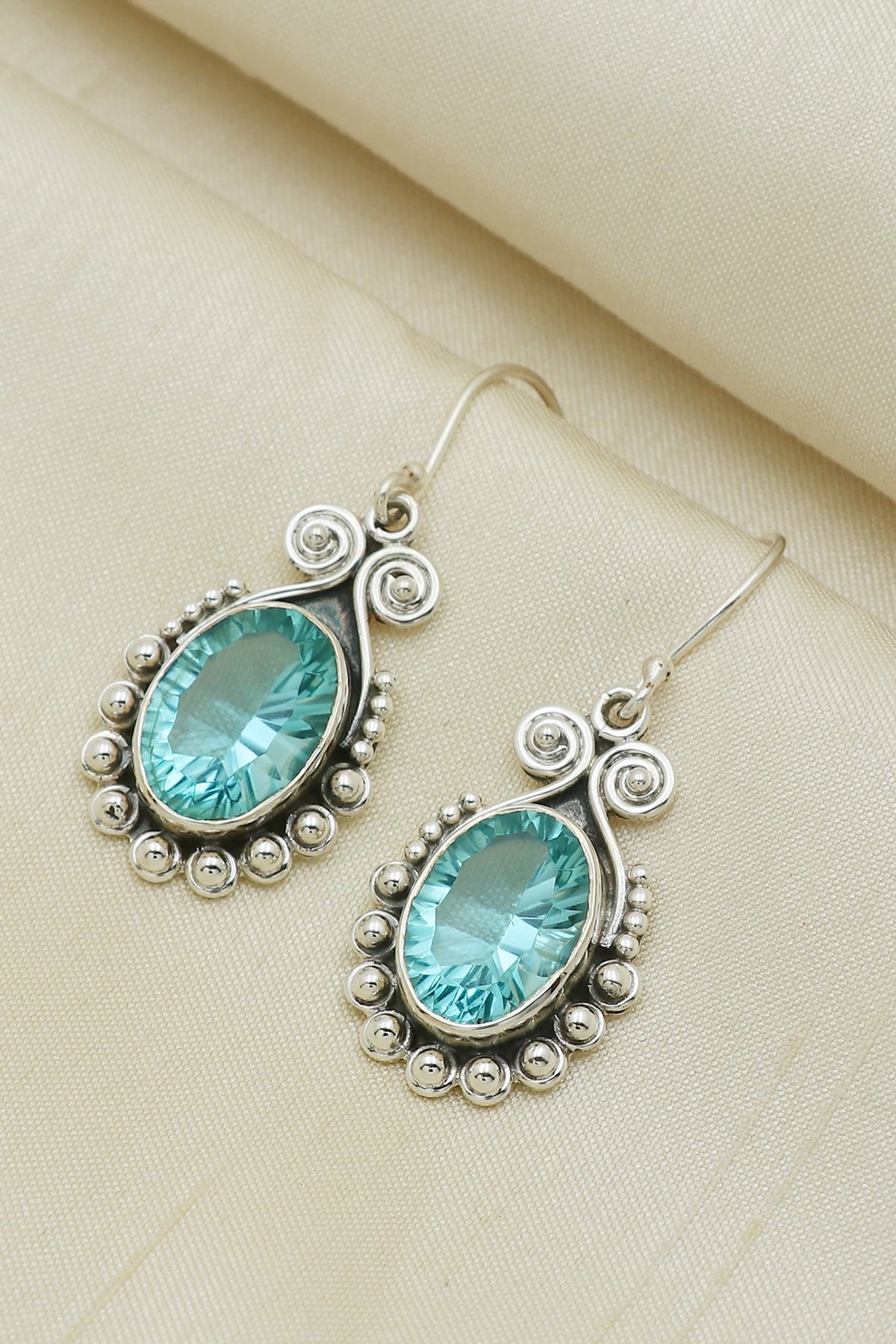 Oxidised Finish Blue Topaz Dangler Earrings In Sterling Silver