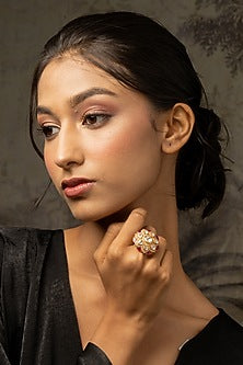 Gold Plated Moissanite Polki & Pink Synthetic Stone Ring In Sterling Silver