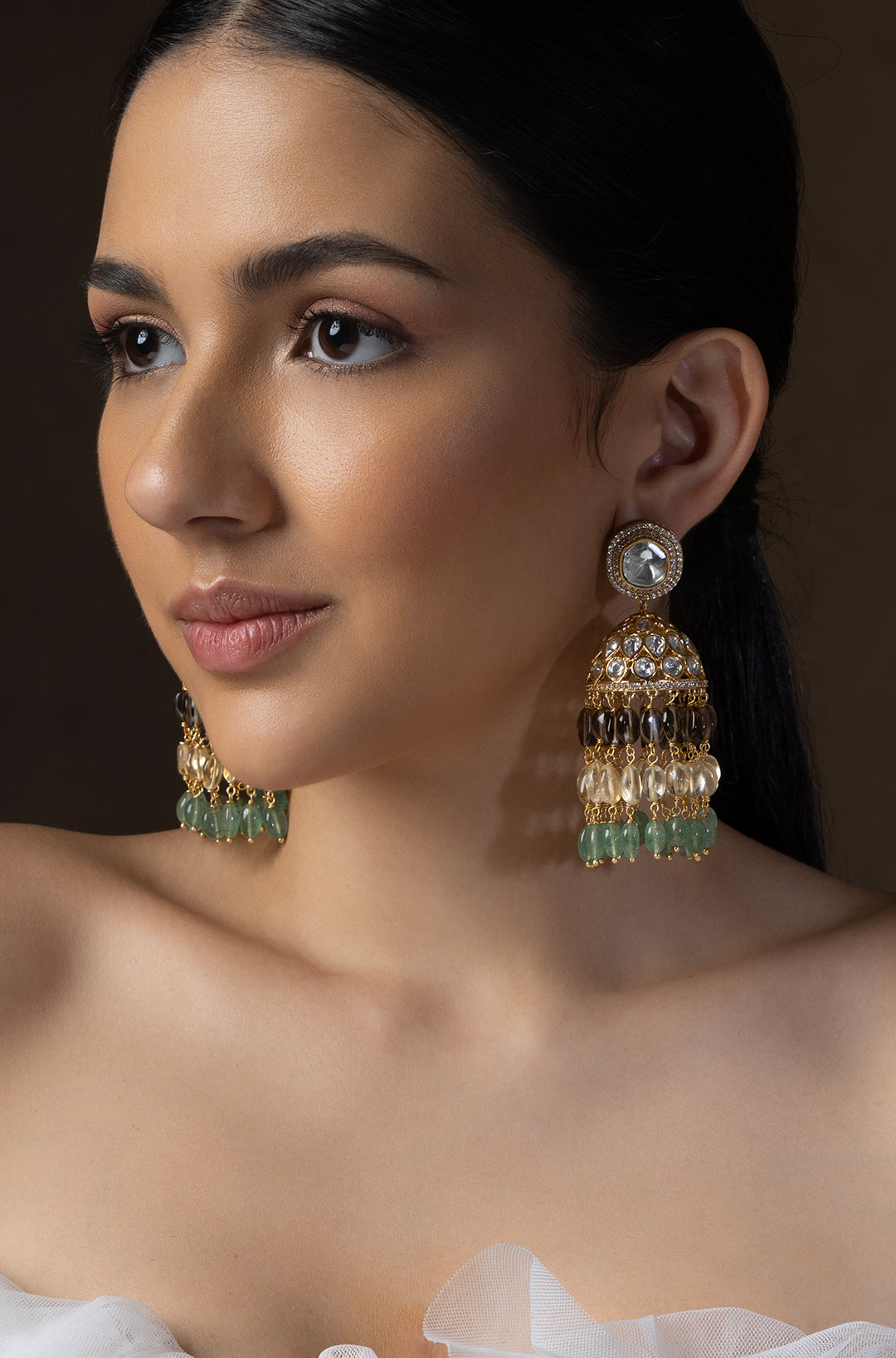 Polki Jhumka Earrings With Jade Tumbles